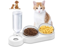 Tigelas para Ração de Gato, 3 em 1 com Reservatório de Água Automático, Dupla Inclinada a 15°, Anti vômito AQUAFORGE