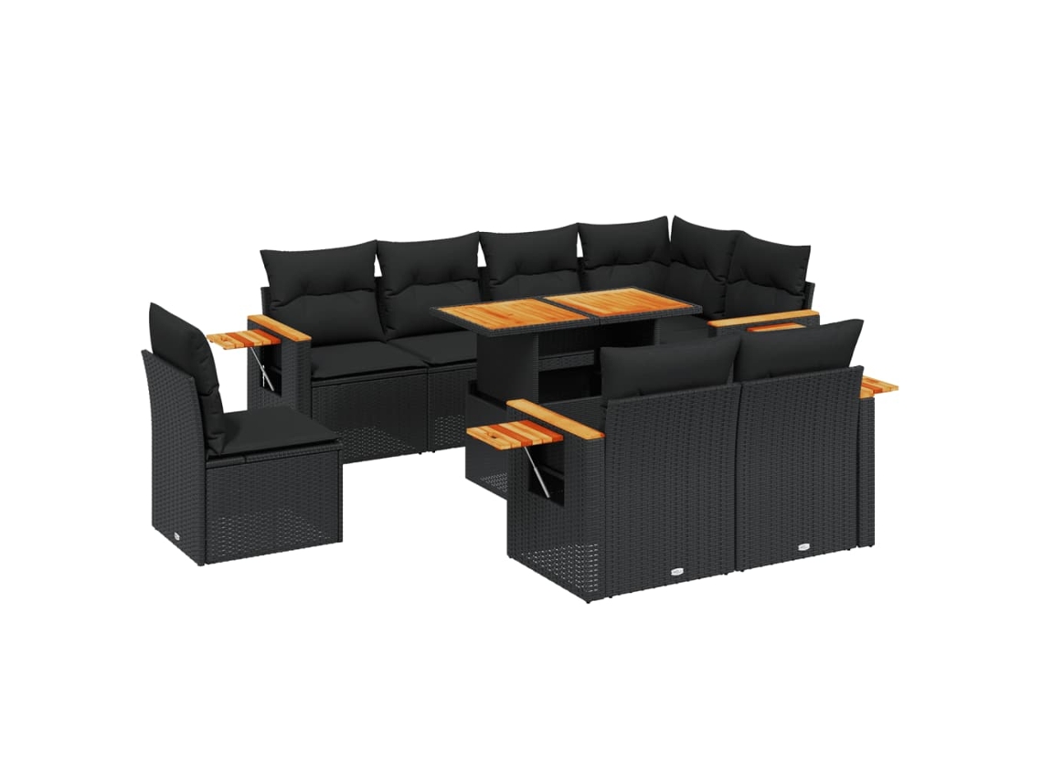 Conjunto de 9 sofás de jardim com almofadões Vime Pe Preto MAISON EXCLUSIVE (9 peças)
