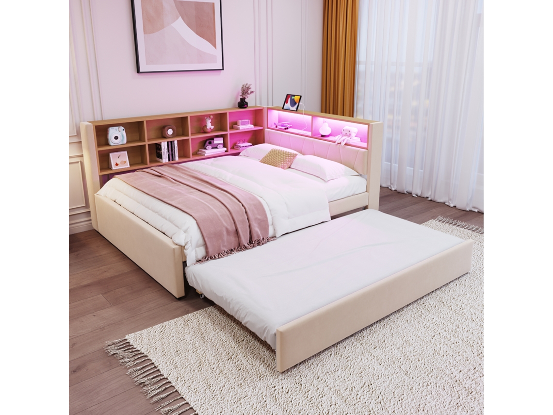 Sofá-cama 140x200 - Com Cama Extra 90x190 Cm - Com Tomada Usb - Vários Espaços De Arrumação - Cama Estofada - Bege (colchão Não Incluído)