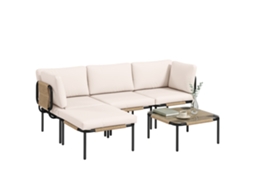 Conjunto de jardim em rattan sintético com 2 cadeiras de almofadas removíveis e mesa com tampo de vidro, creme QINGYU TECH
