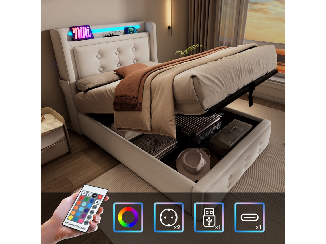 Cama Estofada 90x200cm, Bege Algodão, Led+usb C, Hidráulica, 150kg, Sem Colchão-op