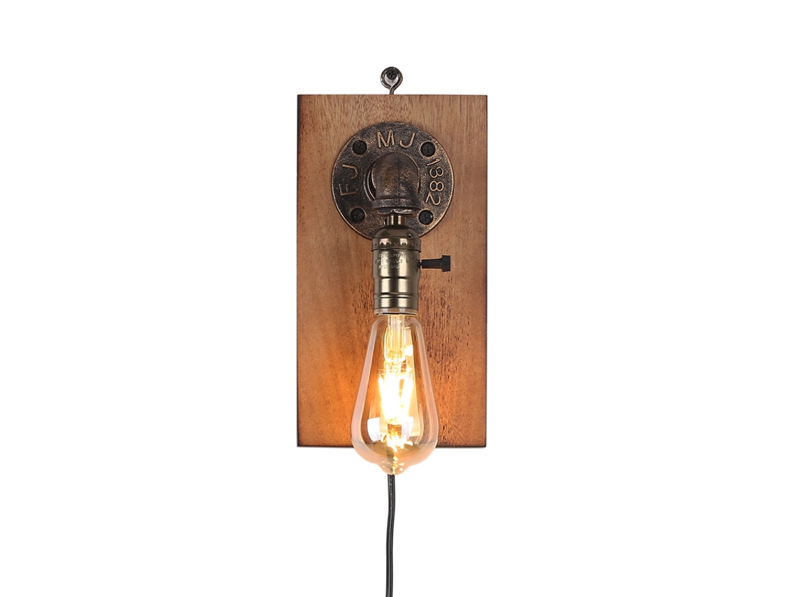 Arandela Vintage Industrial Com Placa De Madeira Natural Para Pendurar Na Parede Com Cabo E Tomada Interruptor Na Soquete E27. Alpinaluz