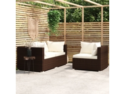 Vidaxl 3 Pcs Conjunto Lounge Jardim C/ Almofadões Vime Pe Castanho