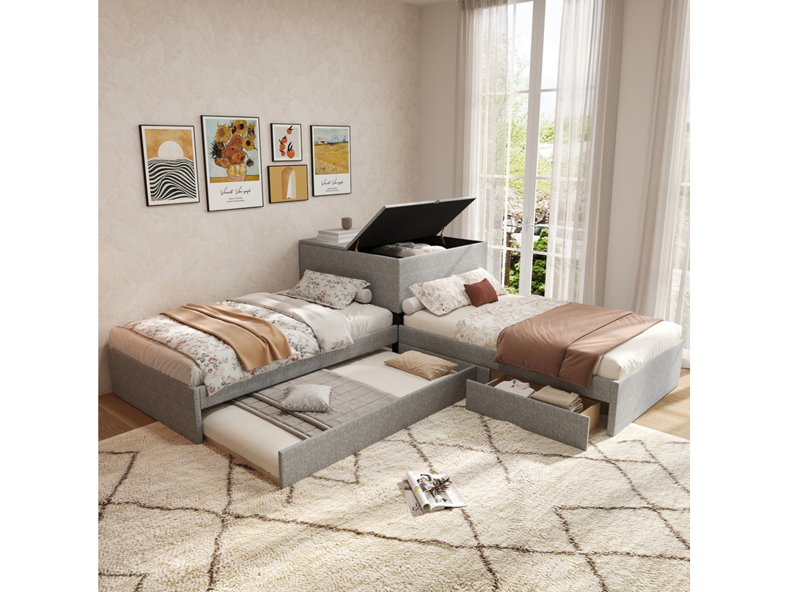 Cama De Canto 2 Em 1 Com Cama Auxiliar, Estofada, 90x200 Cm, Cinza, Com Gavetas E Armário De Armazenamento