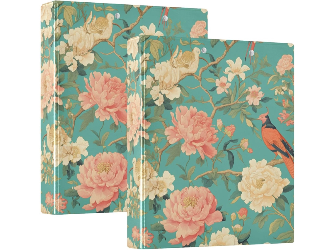 Pasta Escolar de 3 Argolas com Bolsos, Estampa de Flores e Pássaros Azuis, 1 2-polegada 3, 8cm, Camada Rígida, Material de