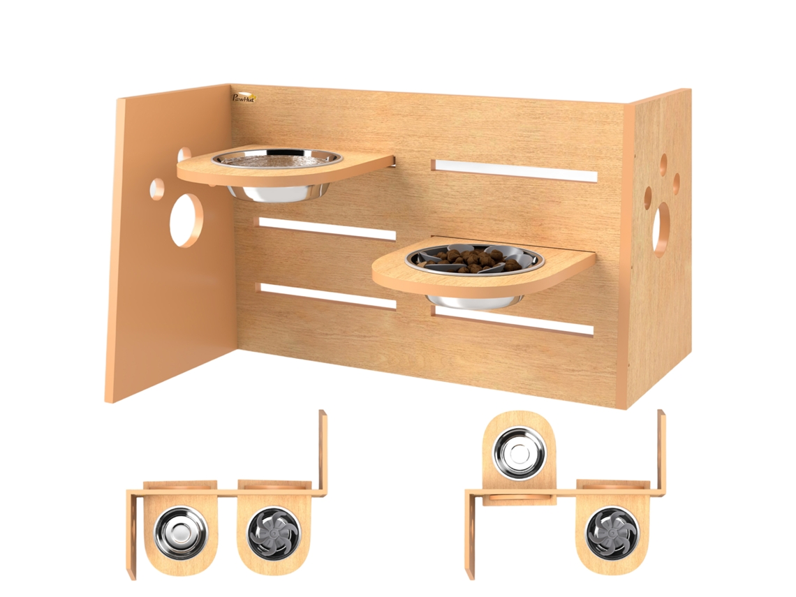 Tigela Elevada para Cães com 3 Alturas Ajustáveis, Tigela para Cães, 2 Tigelas, Aço Inoxidável, 63 X 58,5 X 40 Cm, Carvalho Ge