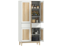 Aparador Alto de Cozinha com 4 Portas, 2 Gavetas e Prateleiras Ajustáveis, 80x35x170cm, Branco e Carvalho