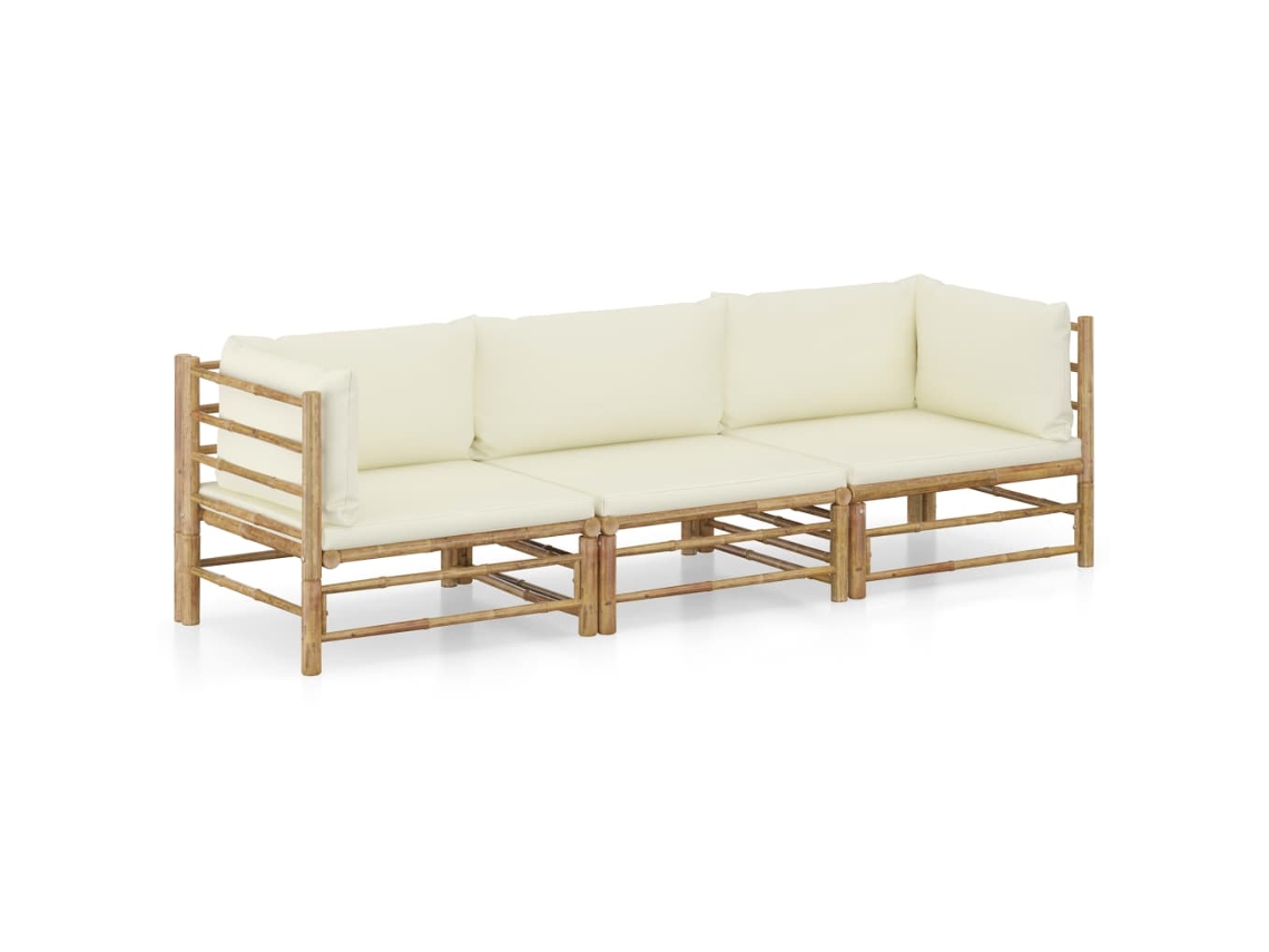 Vidaxl 3 Pcs Conj. Lounge P/ Jardim Em Bambu C/ Almofadões Branco Nata