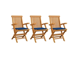 Vidaxl Cadeiras De Jardim C/ Almofadões Azul Real 3 Pcs Teca Maciça