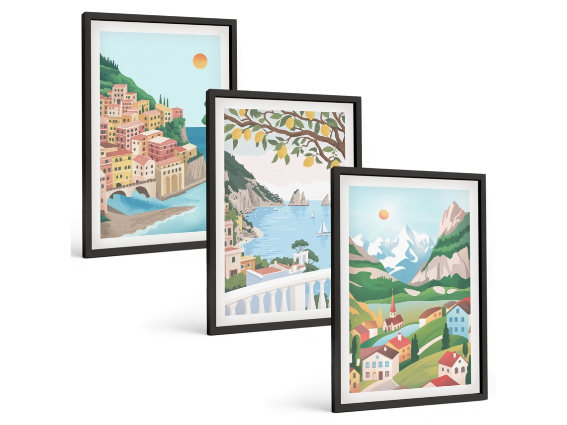 Pinturas Murais Modernas Vistas Litorâneas Em Tons Pastel Moldura Preta Pinturas De Quarto Espelharte (3 Piezas De 40x60 Cm)