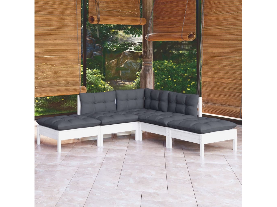 Vidaxl 5 Pcs Conjunto Lounge De Jardim C/ Almofadões Pinho Branco