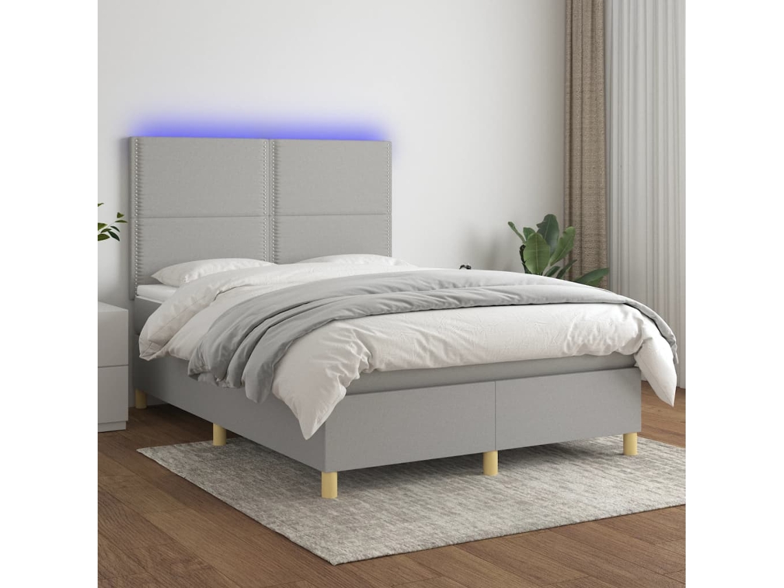 Vidaxl Cama Box Spring C/ Colchão E Led 140x190 Cm Tecido Cinza-claro