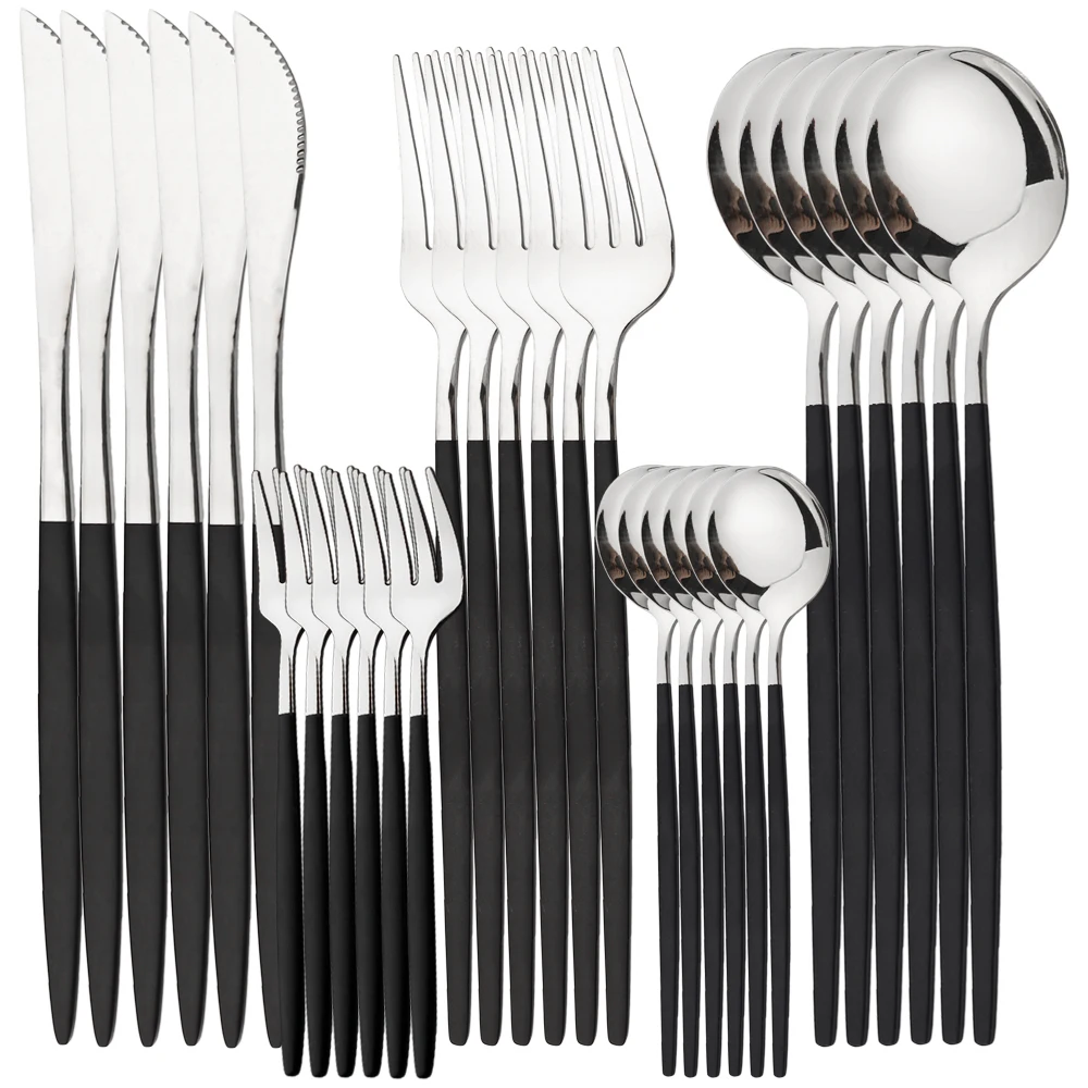 Conjunto de Jantar de 30 Peças em Aço Inoxidável com Espelho , Estilo Ocidental, Talheres. MDUG (preto e Prata)