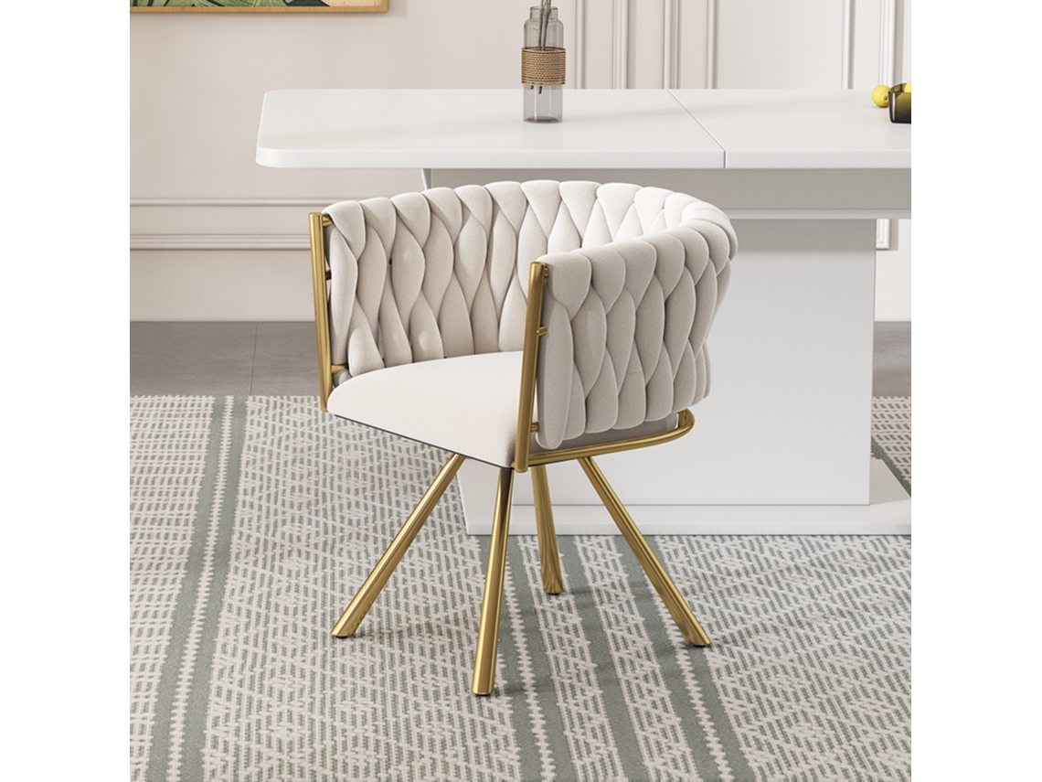 Poltrona De Sala De Jantar Giratória Luxo Bege E Dourado Pés Metálicos Mobrio