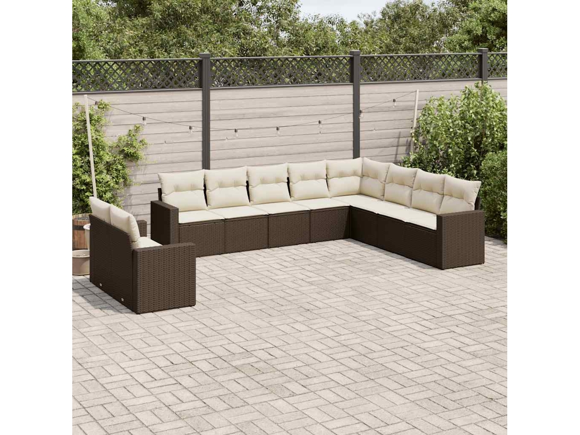 Vidaxl 10 Pcs Conj. Sofás Jardim Com Almofadões Vime Pe Castanho