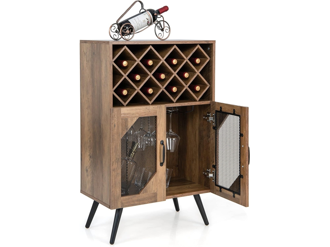 Armário de Vinhos Industrial Aparador de Cozinha com Suporte Extraível para 11 Garrafas e Suporte de Copos Incorporado para 6-9 Copos COSTWAY