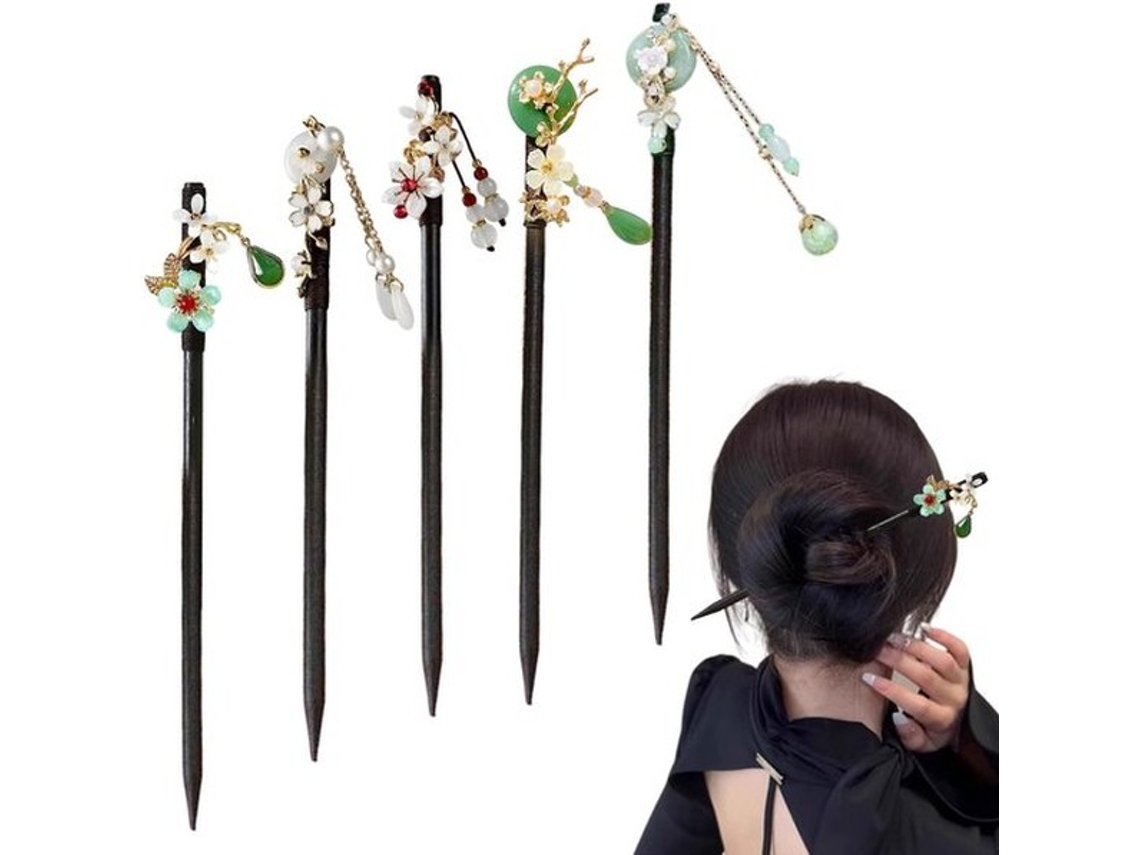 Solidchoice- Haarspeld 5 Stuks Houten - Chinese Haarspelden - Versierd Met Bloemen/kwastjes - Voor Lang Haar - Lichtgewicht - Schokbestendig - Haarsto