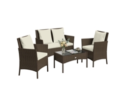 Conjunto De Jardim Externo Em Rattan Com 4 Peças, Incluindo Sofá De 2 Lugares, 2 Cadeiras, Mesa De Vidro E Almofadas Laváveis, Na Cor Marrom.