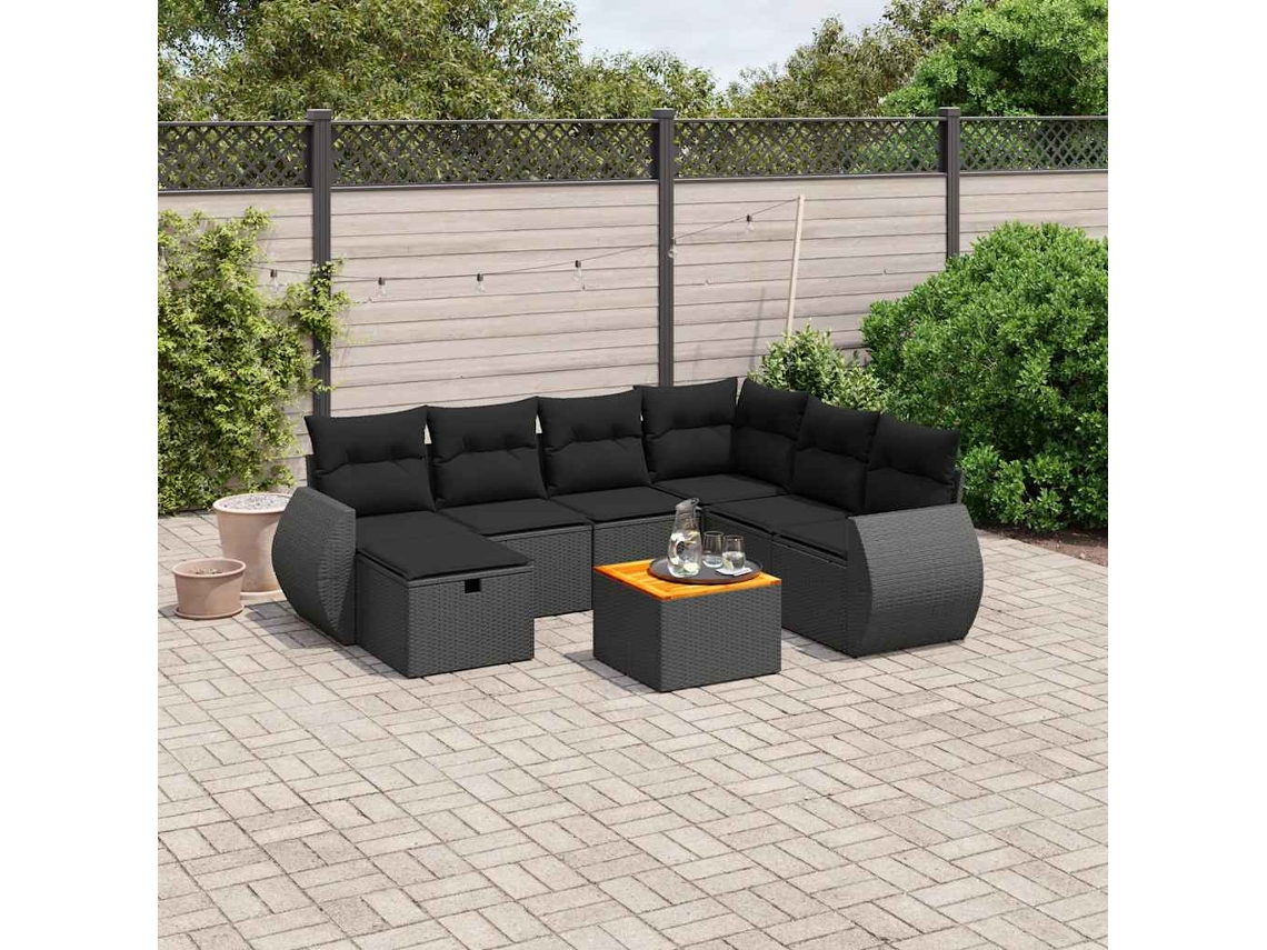 Vidaxl 8 Pcs Conjunto Sofás De Jardim Com Almofadões Vime Pe Preto