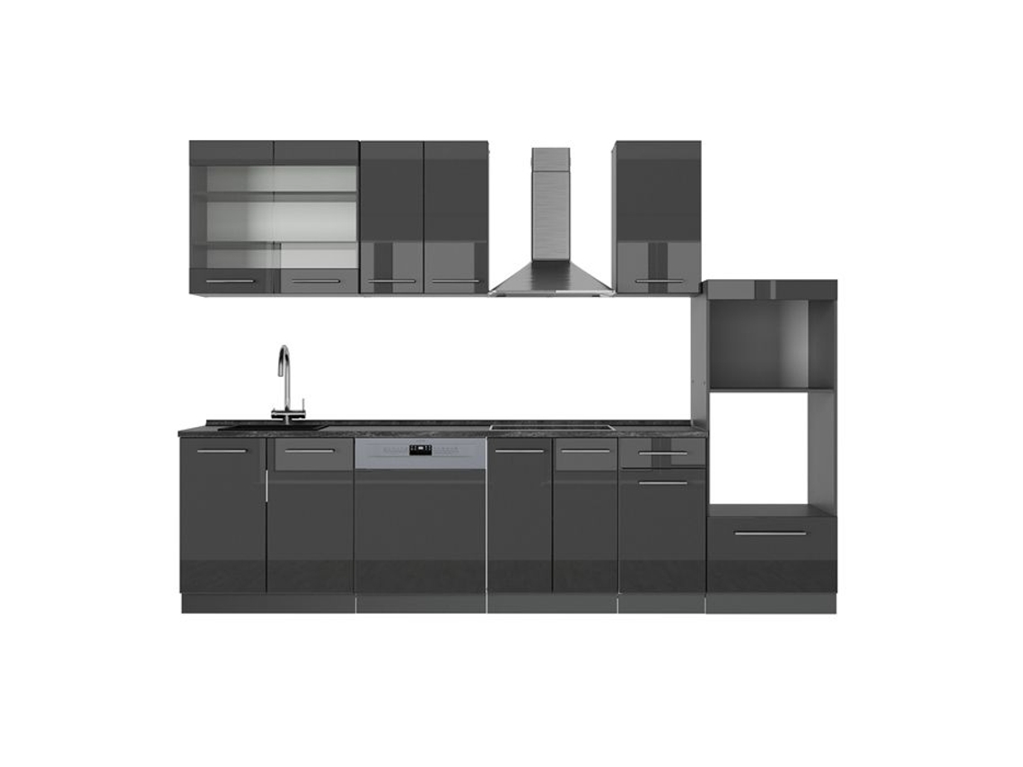 Cozinha Fame Line, 300cm Com Armário Alto, Sem Pt, Antracite Alto Brilho, Antracite, Vicco