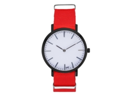 Relógio unissex moderno para casais com pulseira de nylon, mostrador redondo e mecanismo de quartzo vermelho.