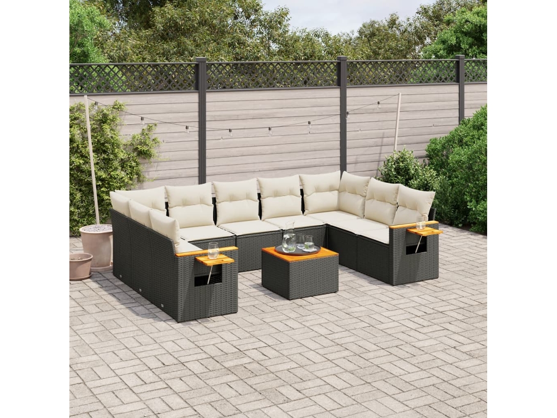 Vidaxl 10 Pcs Conjunto Sofás De Jardim C/ Almofadões Vime Pe Preto