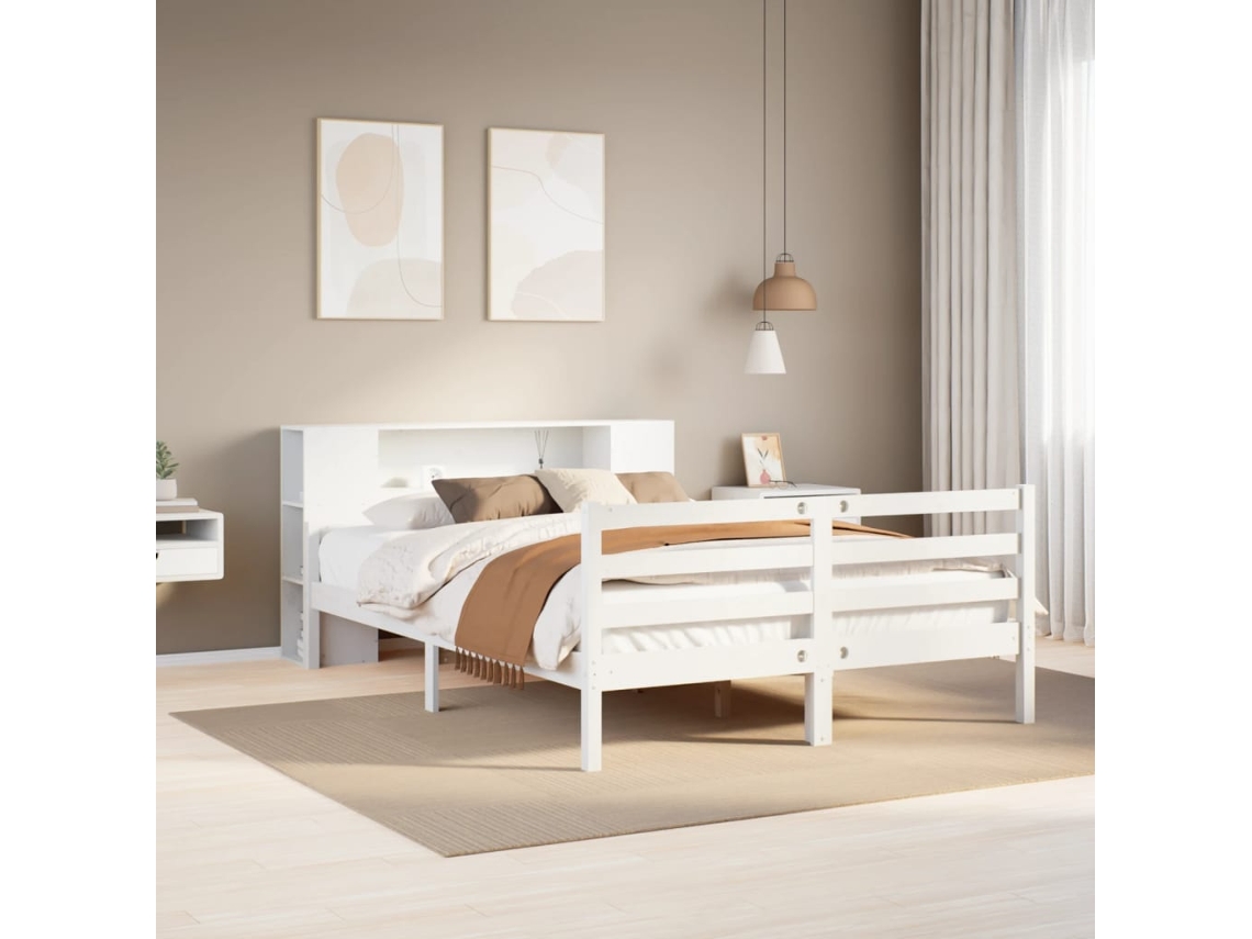 Vidaxl Cama Com Estante Sem Colchão 150x200 Cm Pinho Maciço Branco