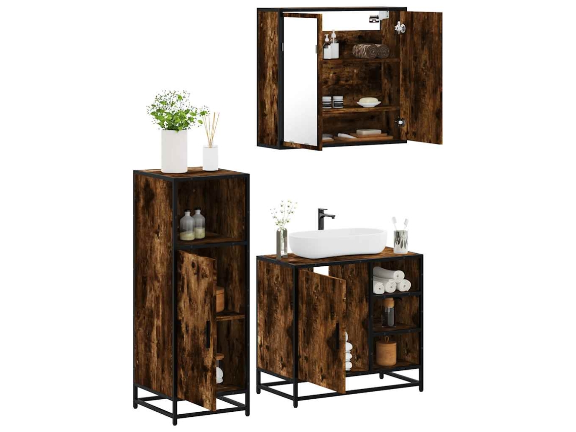 Vidaxl 3 Pcs Conjunto De Móveis Wc Madeira Processada Carvalho Fumado
