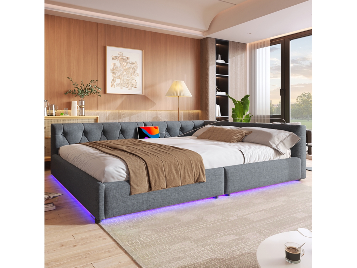 Sofá Cama 140x200 Cm Sofá Com Estrado De Ripas, Iluminação Ambiente Com Controlo Remoto Cinza Mobrio