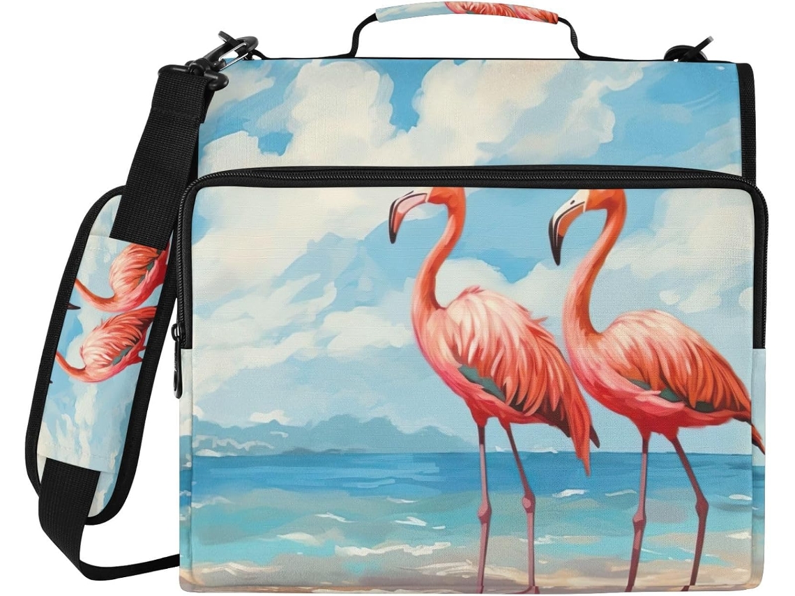 Pasta Com Estampa De Flamingos Rosa, 3 Argolas, Compartimento Laptop E Organizador Com Vários Bolsos, Ideal