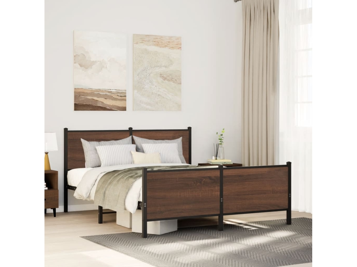 Estrutura De Cama Sem Colchão 140x190cm Metal Carvalho Castanho