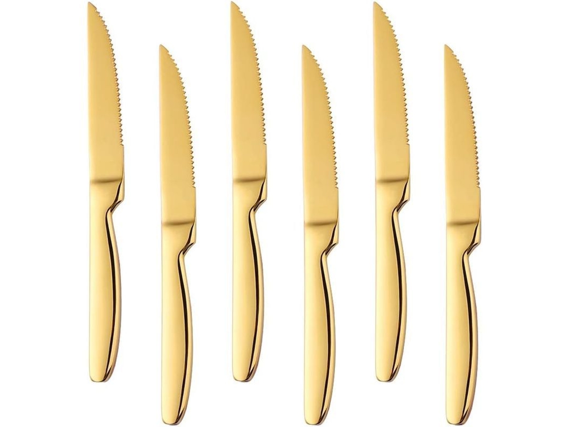 Cuchillos De Carne De Acero Inoxidable Afilado Gold, 6 Piezas Con Diseño Elegante 18/0 Y Pulido De Espejo