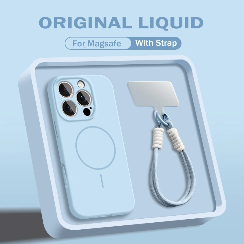 Capa Protetora De Silicone Líquido Com Carregamento Magnético (azul Para Iphone 15 Pro Max) Com Alça De Pulso E Cordão.