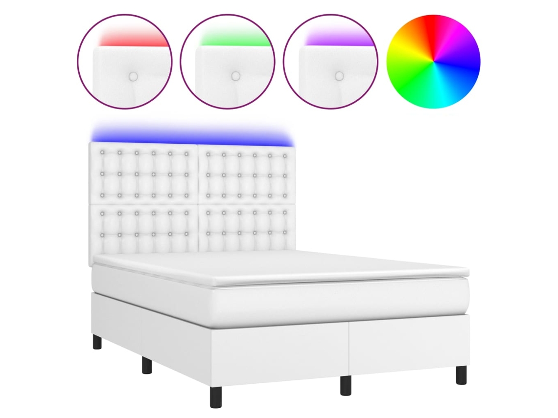 Cama Box Spring com Colchão e Led Couro Artificial Branco MAISON EXCLUSIVE (140x190 cm)