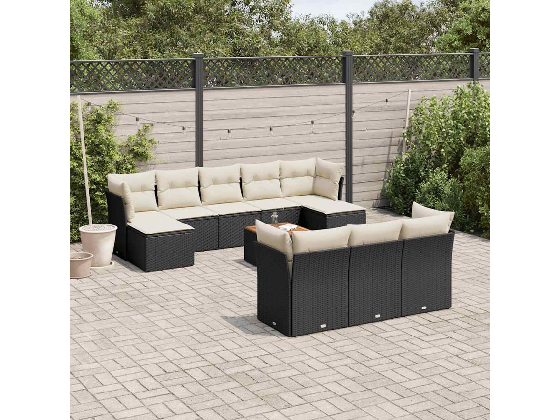 Jogo de Sofá Jardim 11 Peças C/ Almofadões Vime Pe Preto Dkd Home Decor