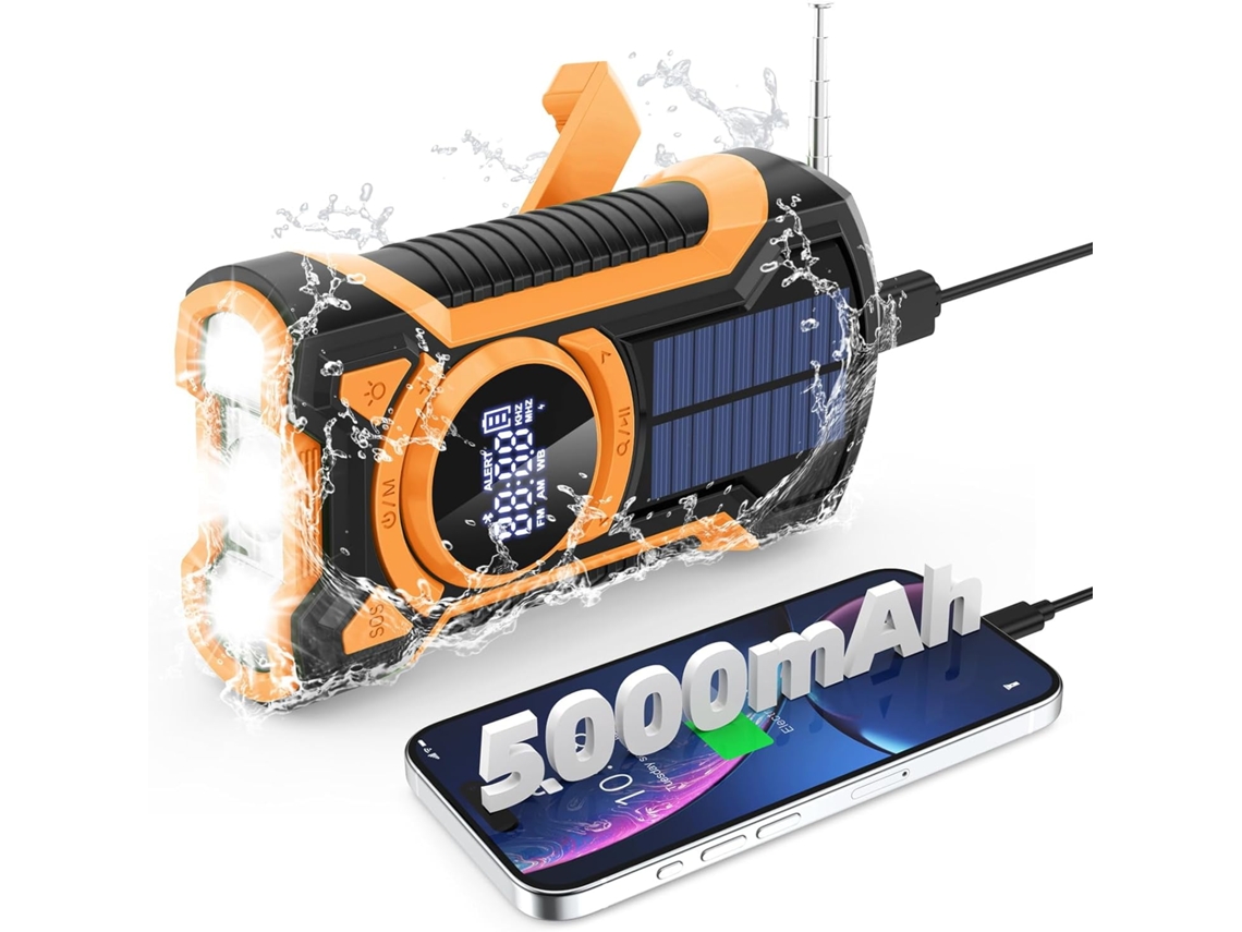 Rádio de Emergência Solar com Manivela, Bluetooth, Previsão do Tempo, Bateria 5000mah, Laranja AQUAFORGE