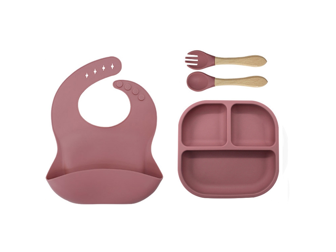Talheres Infantil de Silicone 4 em 1 com Prato, Babete, Colher e Garfo,rosa Escuro GERTIZ