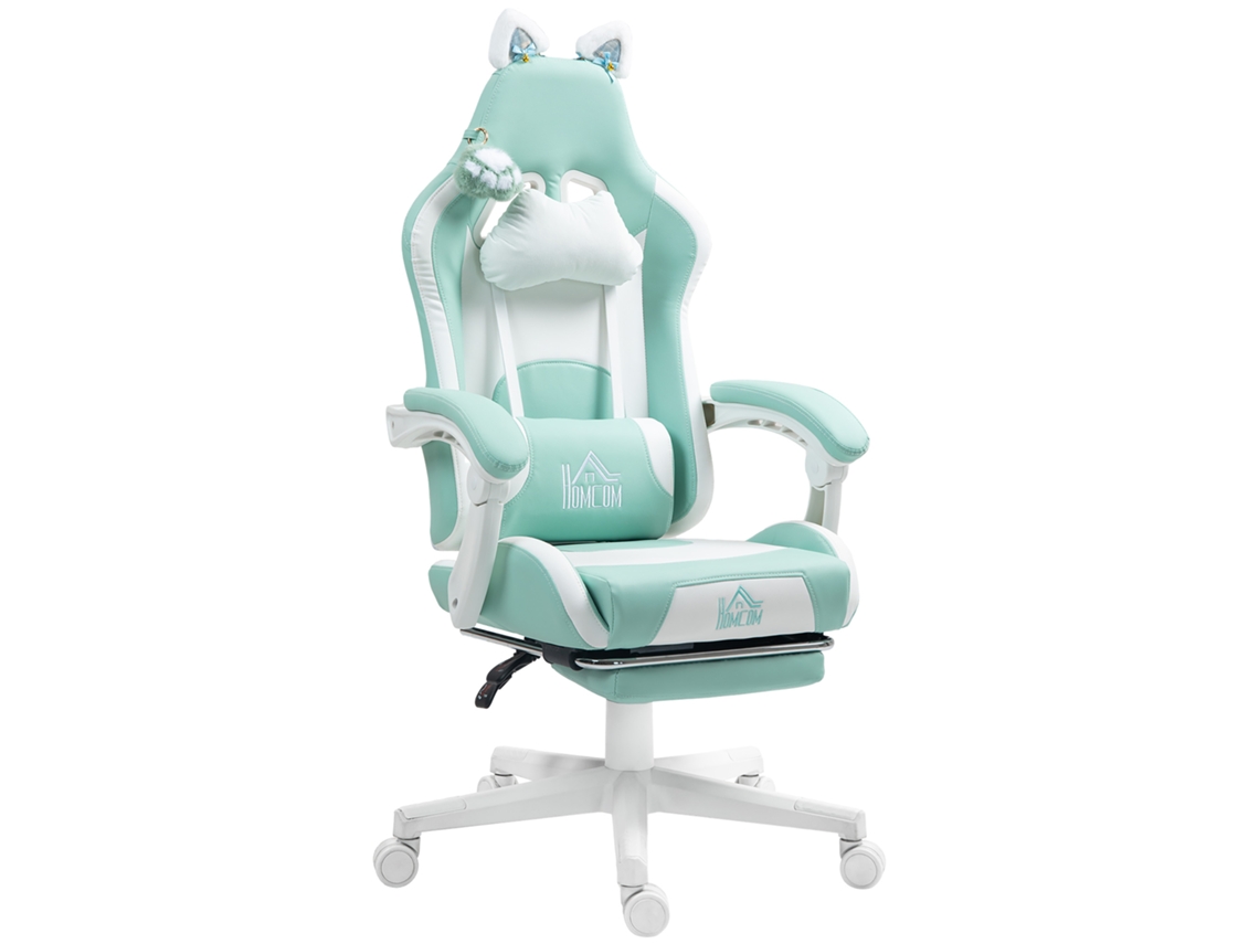 Cadeira Gamer Reclinável Apoio Pés Almofadas Couro Sintético Branca Azul