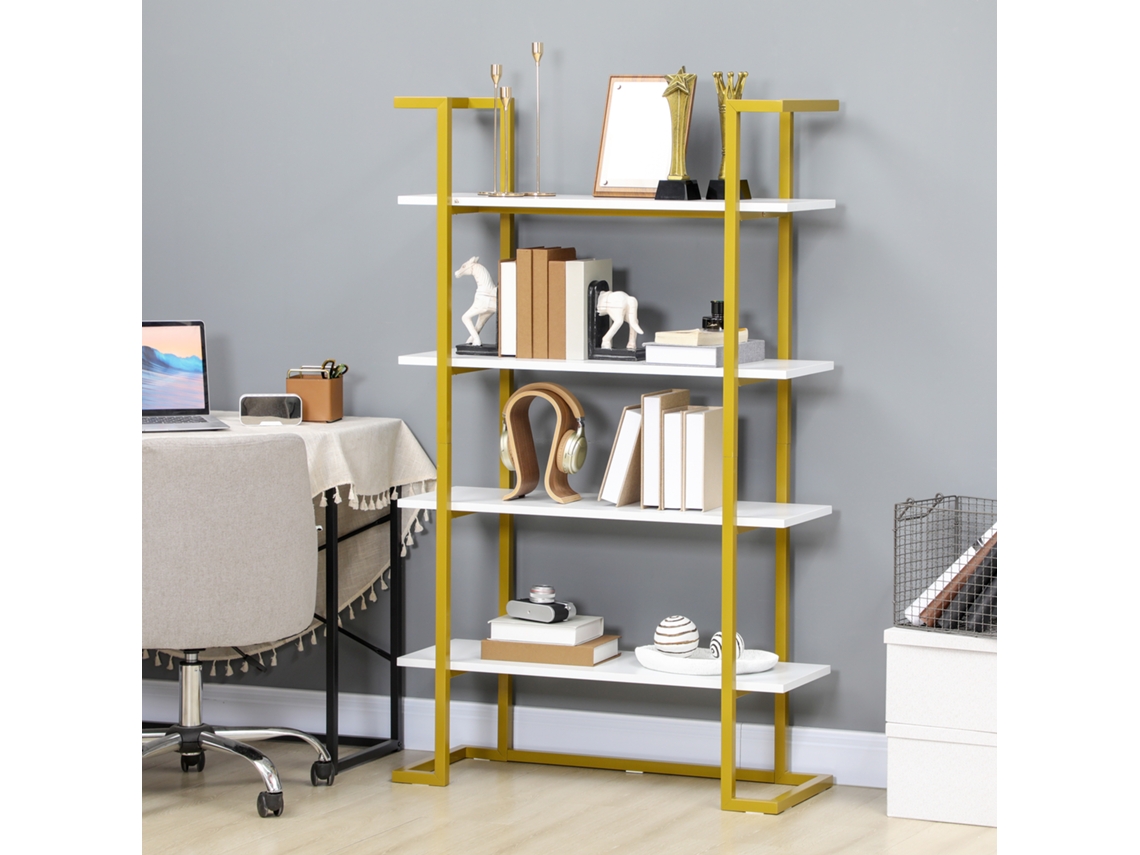Estante Multifuncional Elevada De 4 Níveis, Em Mdf E Aço, 92x35x152cm, Branca E Dourada.