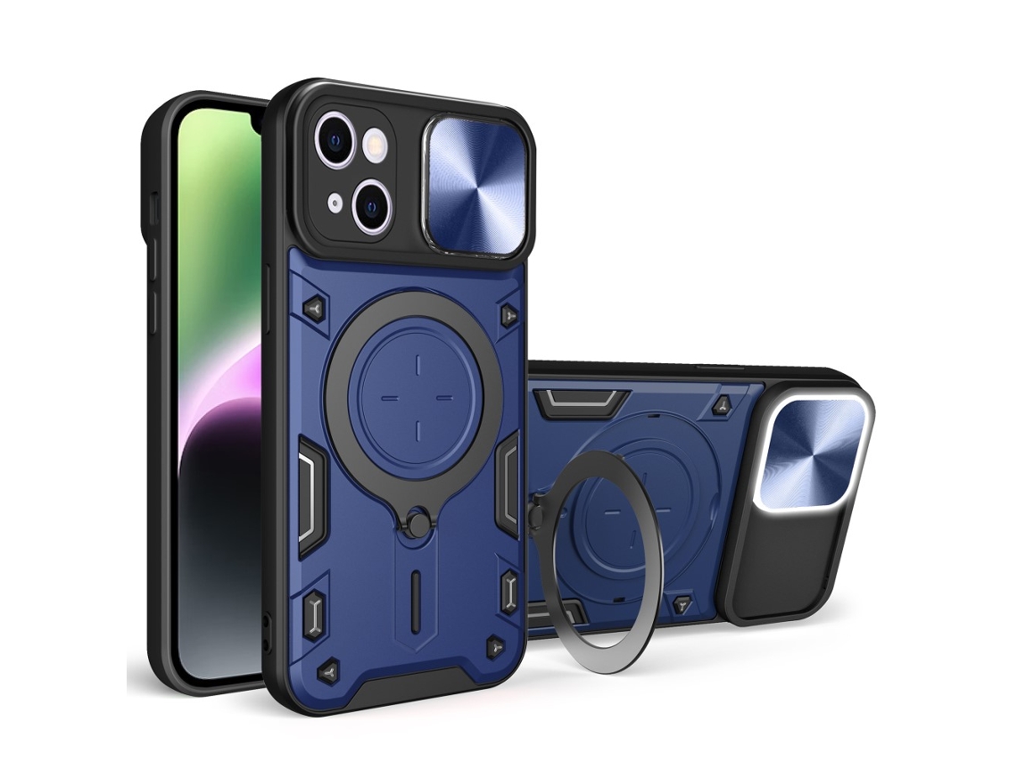Suporte Casa Slide Câmara Para Iphone 14 Pele Sintética Azul