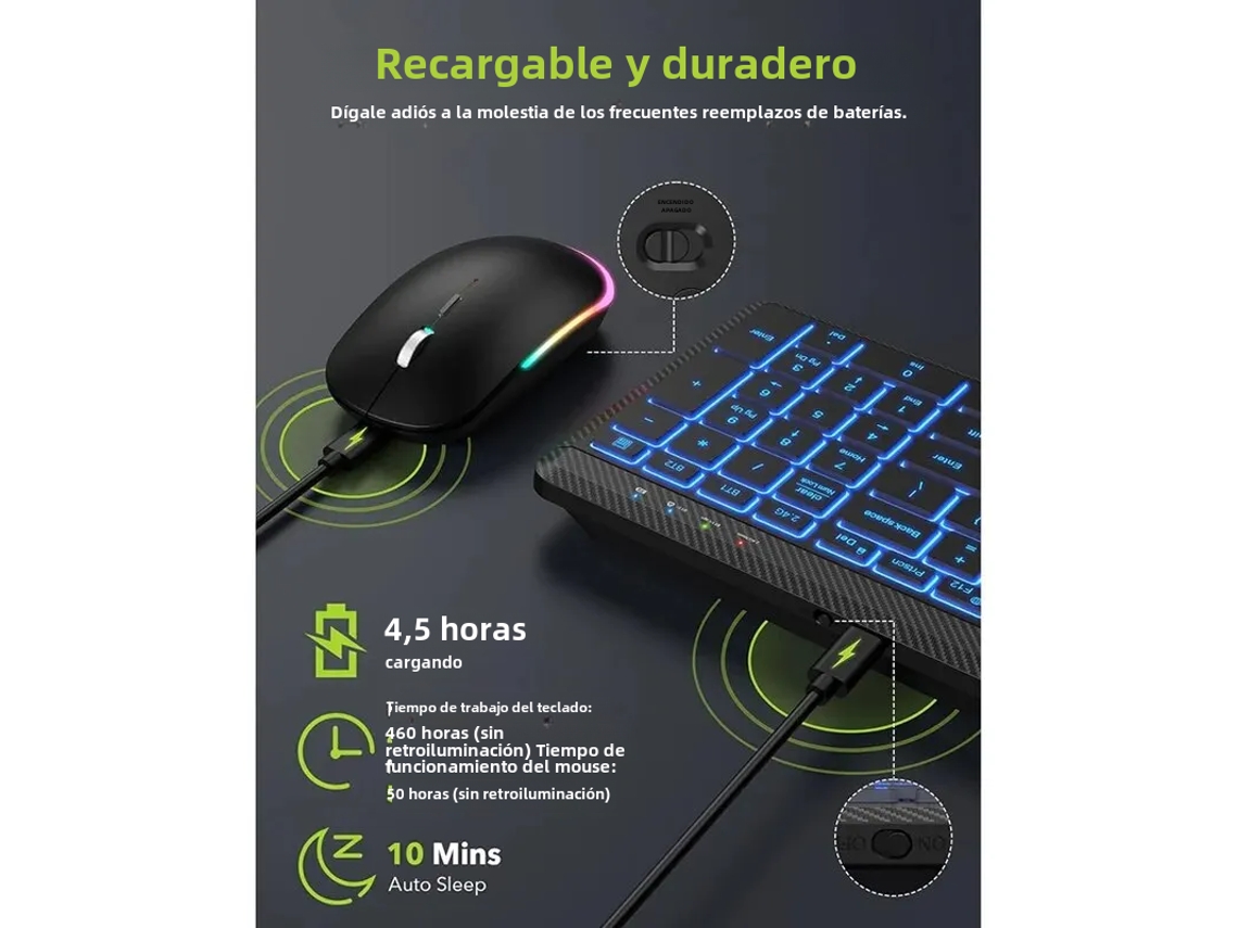 Conjunto De Teclado E Mouse Sem Fio Com Retroiluminação Colorida, Recarregável E Compatível Com Vários Dispositivos Via Bluetooth.