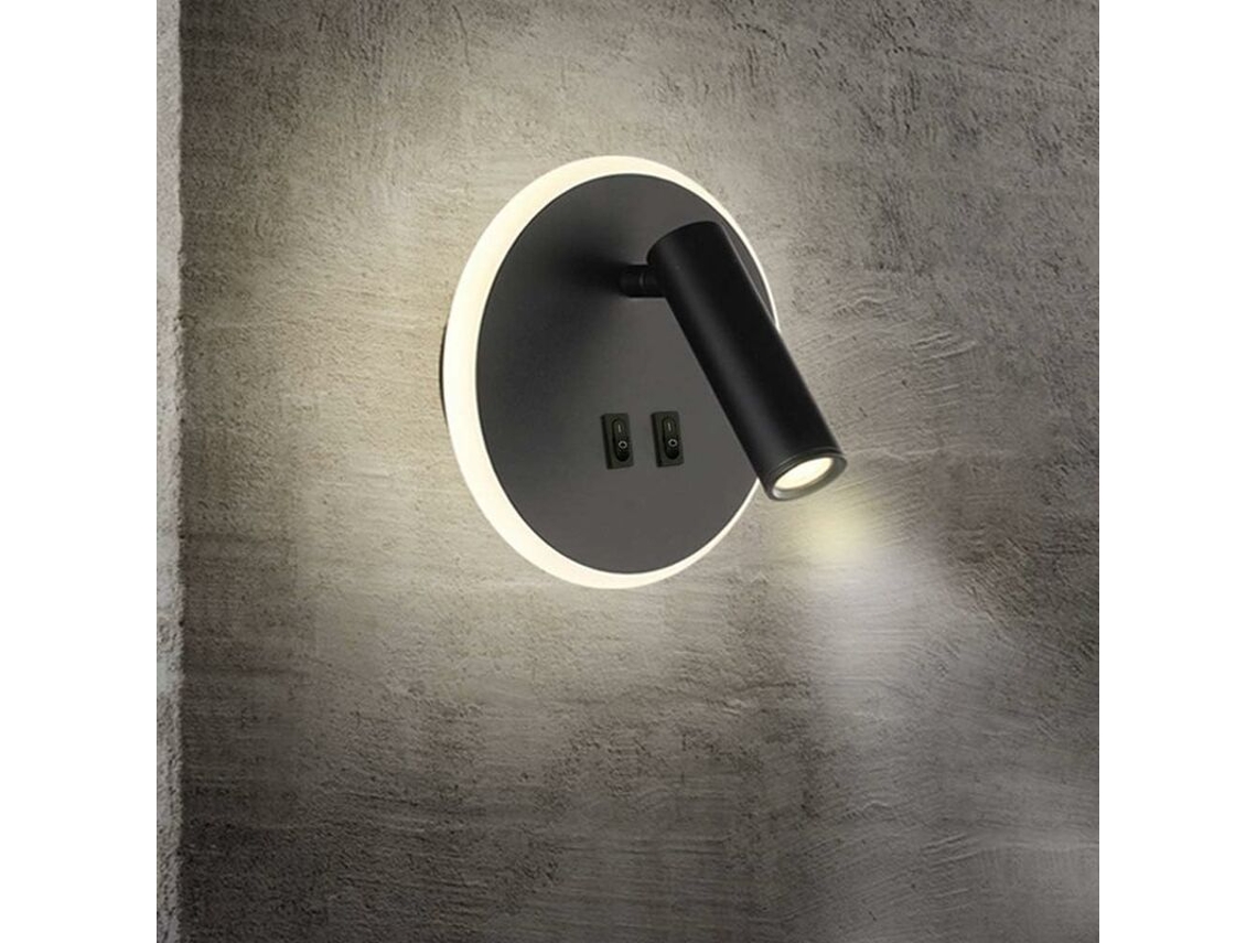 Luminária de parede giratória com controle Duplo para casa, luminária de cabeceira LED para leitura (luz redonda branca Preta (3w + 8w)), adequada para