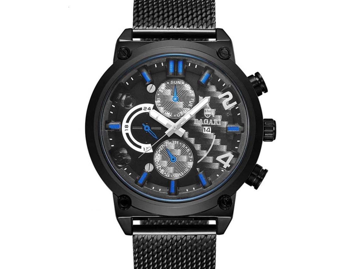 Relógio esportivo masculino Bagari com pulseira de malha, mostrador redondo e movimento de quartzo, nas cores preto e azul.