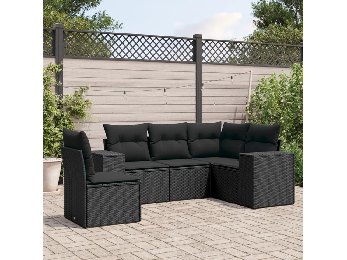 Vidaxl 5 Pcs Conjunto Sofás De Jardim Com Almofadões Vime Pe Preto