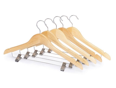Cabide de Madeira Marfim Natural com Silicone Antideslizante e Presilhas Metal Pack 5 Un GLOBALMIX