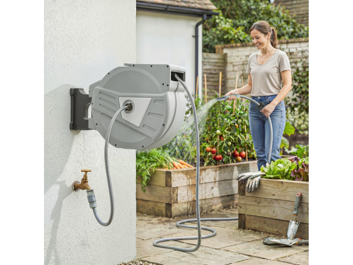 Enrolador de mangueira de parede 40+2 MX Ø 15mm, chave de fenda retrátil automática para mangueira de água com rotação de 180°, cinza