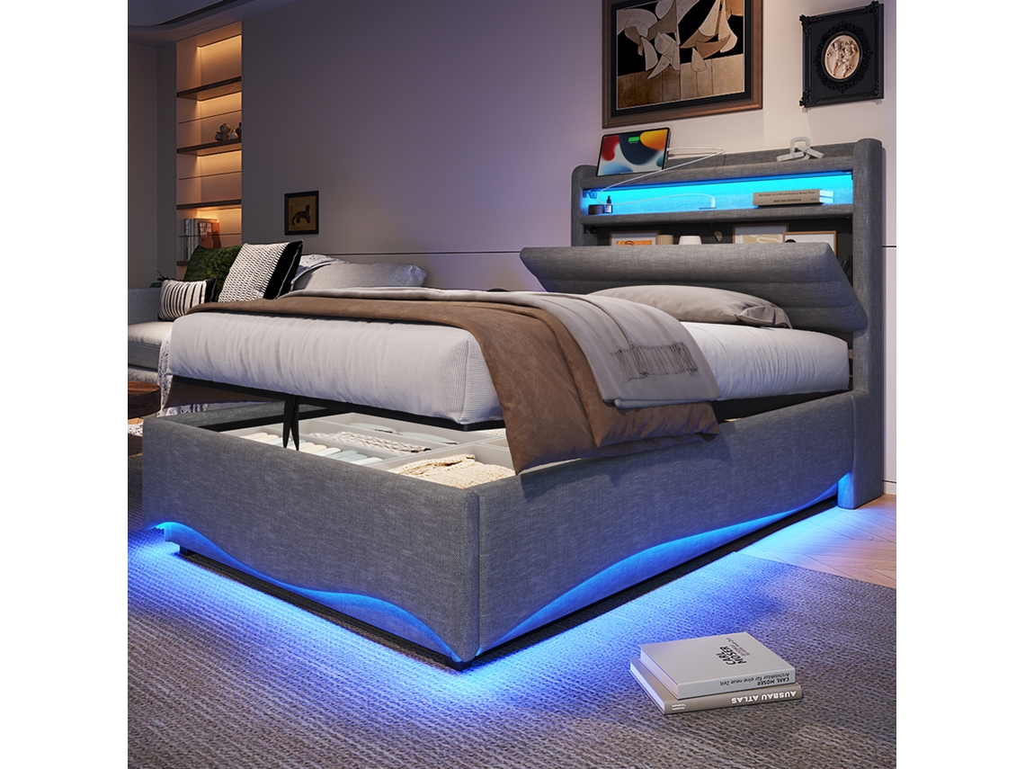 Cama Estofada 90x200cm, Cinza Linho, Led+usb+tipo-c, Hidráulico, Armazenamento, Sem Colchão-op
