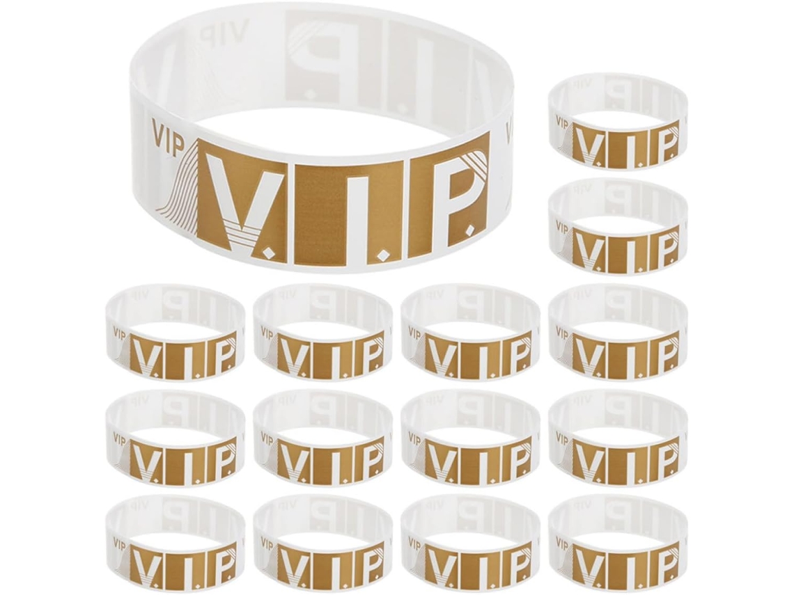 Pulseiras de papel dourado para eventos, design flexível e ajuste confortável, 300 unidades, ideais para feiras e bares.