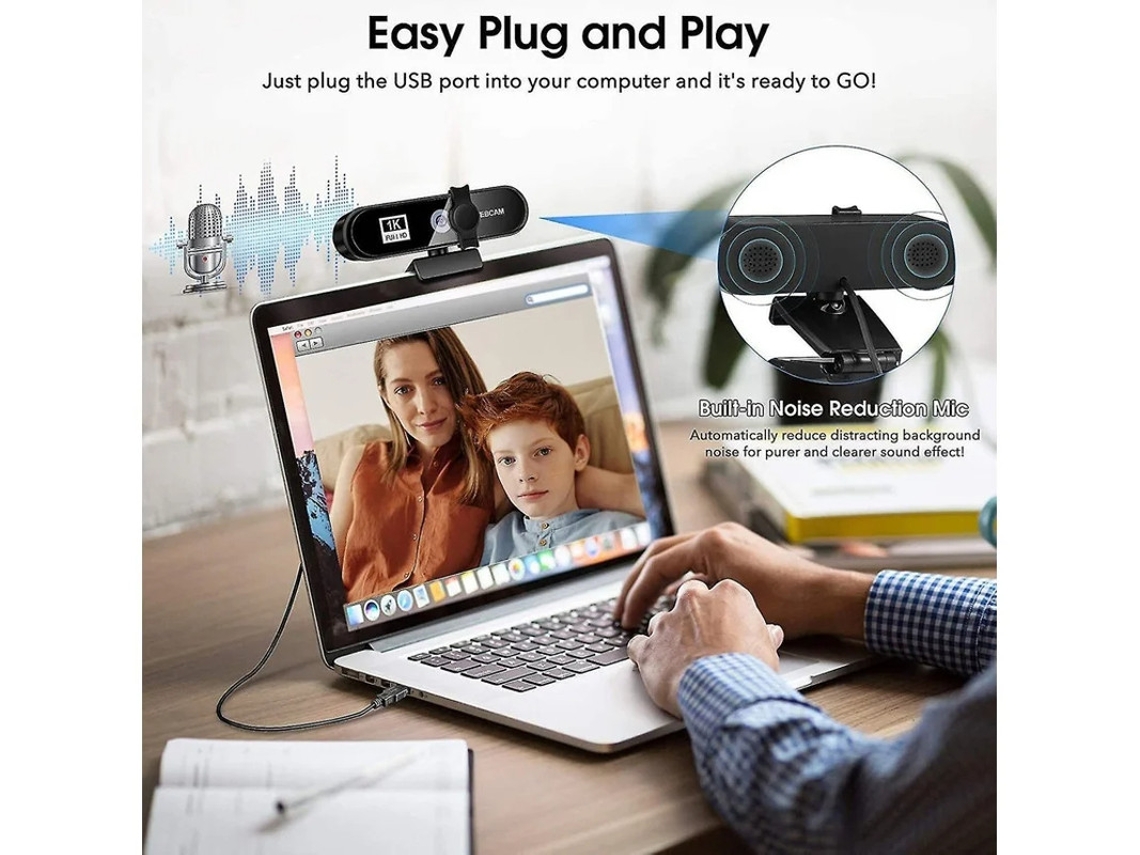 Webcam Bestvite 2K com microfone Full HD para PC, USB 2.0, transmissão ao vivo, redução de ruído, preta