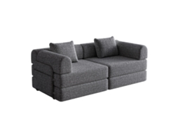 Sofá-cama 2 em 1 em chenille com design patenteado, braço com compartimento e estrutura metálica ajustável.